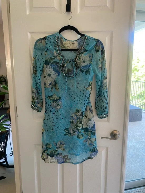 Beaded Floral Aqua Coverup - Picture 1 of 5